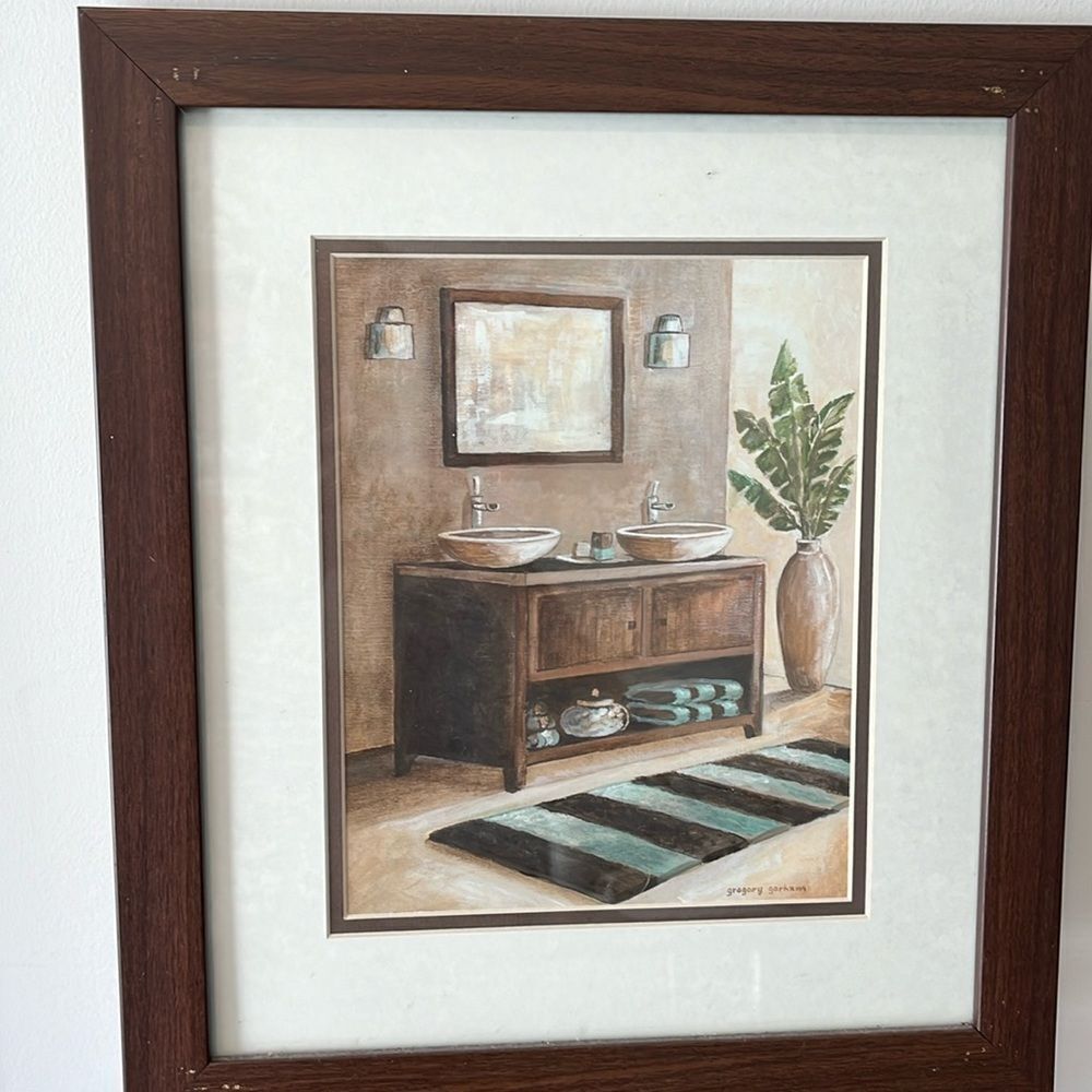 Brown & Teal vanity table sink bathroom towel picture in frame 14 x 16”